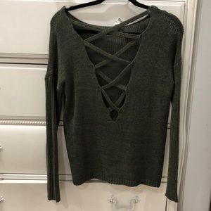 Green lace up back sweater